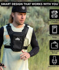 Everyday Chest Pack For Hiking, Skiing, Running And Travel With Grab And Go Phone Pocket displayed on a person outdoors