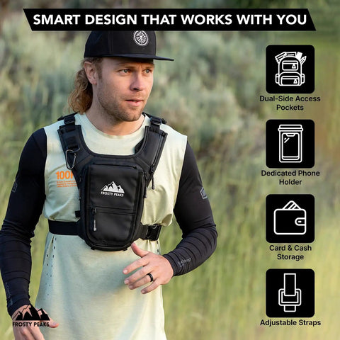 Everyday Chest Pack For Hiking, Skiing, Running And Travel With Grab And Go Phone Pocket displayed on a person outdoors