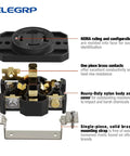 Heavy Duty NEMA L14 20R Locking Receptacle For Generator 20 Amp 125 250V Twist Lock Socket 3 Pole 4 Wire Grounding Industrial Grade UL Listed showing open brass contacts and nylon body