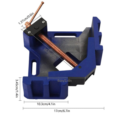 Heavy Duty 4 Inch Cast Iron Welders Angle Clamp Set 2 Pack 90 Degree Right Angle Jaws showcasing detailed dimensions and design