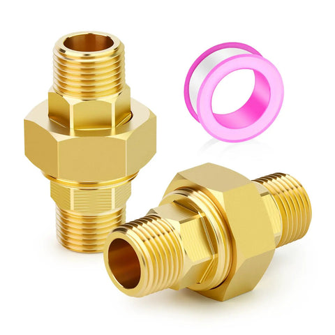 Brass Union Fitting 3/8 Inch NPT Male To 3/8 Inch NPT Male 2 Pack with tape, corrosion resistant plumbing adapter