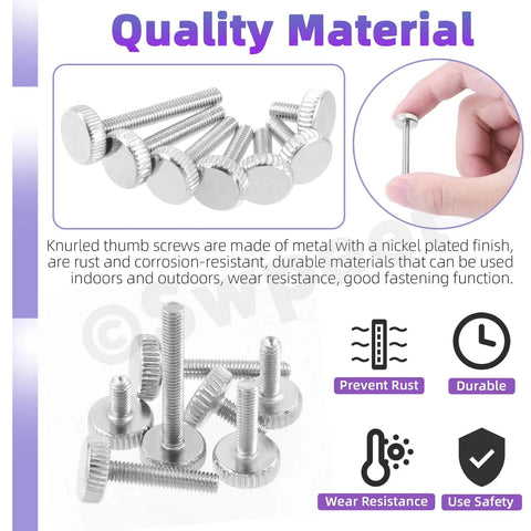 Thumb Screw Set With Knurled Flat Heads Fully Threaded 35-Piece Nickel Plated Assortment In 7 M4 Sizes displayed with hand
