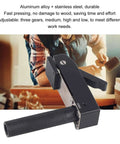 Close-up of Dope Adjustable Aluminum Toggle Quick Clamp for woodworking, showcasing handle and metal build with woodworking background.