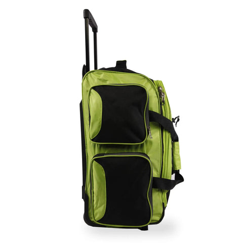 Neon Lime 22 Inch Lightweight Carry On Rolling Duffel Bag with In Line Skate Wheels, padded top handle, side pockets, and telescoping handle