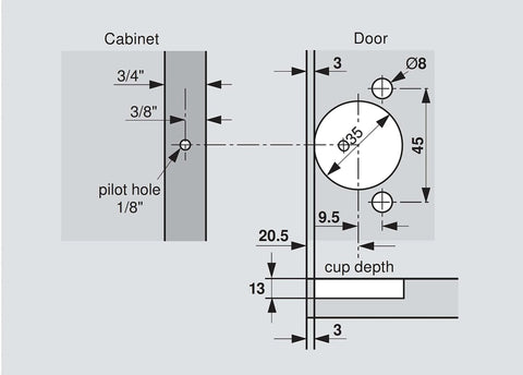 Diagram showing installation measurements for Compact Sleek BLUMOTION 39C Hinge With Soft Close Action, 110 Degree Opening, screw-on mount.