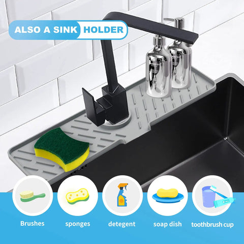 Silicone Faucet Splash Guard And Water Catcher Mat 18 By 5.9 Inches Extra Long Non Slip No Mess Sink Mat For Kitchen Bathroom Laundry Farmhouse Bar And RV Gray with sponge and bottles
