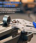 Heavy-Duty Locking Pliers Set With Curved Jaw Vise Grips And Needle Nose Pliers clamping a metal piece, close-up view.