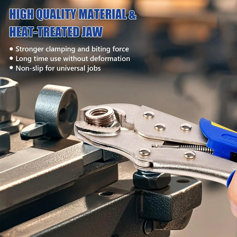 Heavy-Duty Locking Pliers Set With Curved Jaw Vise Grips And Needle Nose Pliers clamping a metal piece, close-up view.
