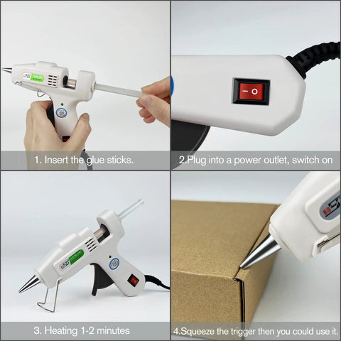 Person demonstrating a Hot Glue Gun Kit With 30 Glue Sticks For Fast 1 Minute Warm Up And High Temp For School Crafts DIY Projects And Quick Home Repairs 20W Anti Drip Nozzle For Clean Melting And Precise Strong Bonds with steps for use, including inserting glue sticks, plugging in, warming up, and applying glue on cardboard.