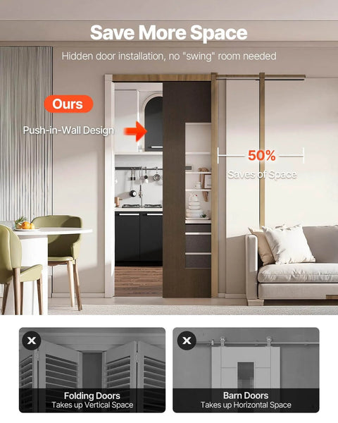 Pocket Door Frame Kit For 24 To 36 Inch Wide Doors 80 Inch High With Two Way Soft Close System, showing space-saving installation in living room.