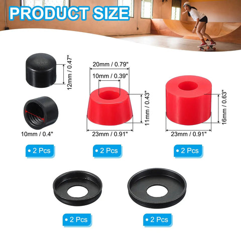 Rad 90A PU Longboard Skateboard Bushings Rebuild Kit With Washers And Pivot Cups Red, showing product size and components.
