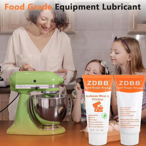 Family using food grade lubricant for kitchen gear with green stand mixer; odorless PTFE grease safe for incidental food contact, 1 oz