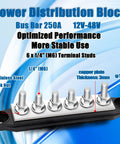 Heavy Duty 250A Bus Bar 12V Marine And Car Power Distribution Block With Six One Quarter Inch Copper Terminals mounted on a blue background.