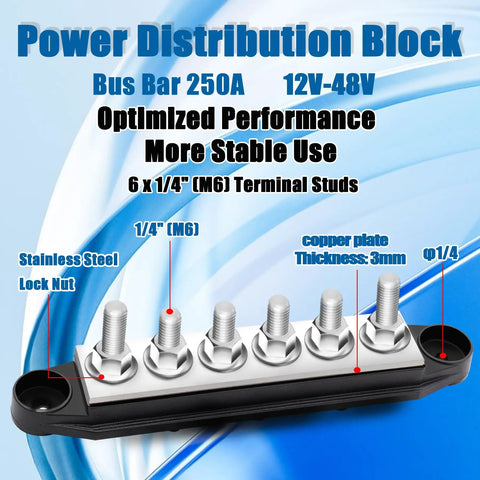 Heavy Duty 250A Bus Bar 12V Marine And Car Power Distribution Block With Six One Quarter Inch Copper Terminals mounted on a blue background.