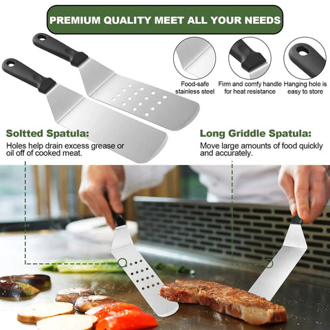 35 Piece Griddle Gear Kit For Flat Top Grills Including Long Griddle Spatula And Slotted Spatula demonstrated on a grill