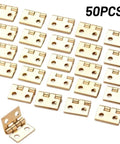 Mini Brass Hinges Set, 50 Pack For Small Craft Doors And Boxes, Tiny cabinet furniture hardware displayed in grid layout