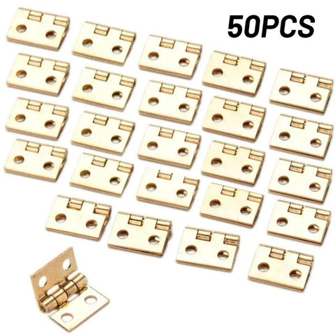 Mini Brass Hinges Set, 50 Pack For Small Craft Doors And Boxes, Tiny cabinet furniture hardware displayed in grid layout