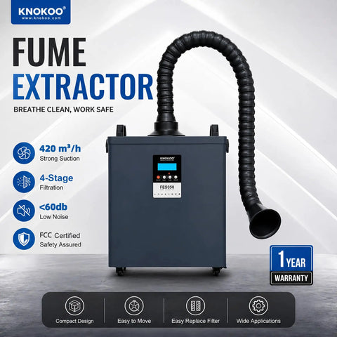 Heavy Duty Laser Welding Fume Extractor Packed With Dual Carbon Filters And Four Stage Air Purification For Serious Soldering And Engraving Workbenches Built Different with flexible hose.