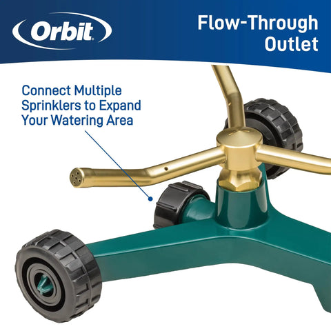 Three Arm Metal Lawn Sprinkler With Wheel Base For Garden Irrigation Full Circle Coverage Up To Fifty Feet Diameter