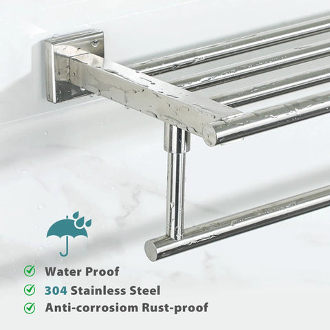 Close-up of the Double Bar 24 Inch Wall Mounted Towel Rack in Brushed Nickel SUS304 Stainless Steel, showing water resistance.