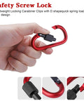 Hand holding a red carabiner with screw gate, showcasing 10 Pack Aluminum D Ring Key Rings Clips Locking Carabiners For Camping Fishing.
