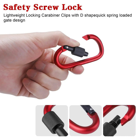 Hand holding a red carabiner with screw gate, showcasing 10 Pack Aluminum D Ring Key Rings Clips Locking Carabiners For Camping Fishing.