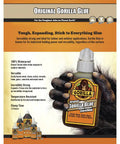 Original Gorilla Glue bottle featuring tough waterproof adhesive for indoor and outdoor use, showcasing versatility and strength.