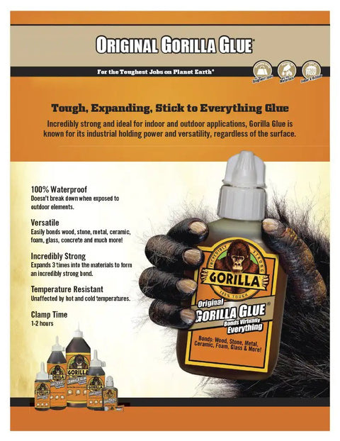 Original Gorilla Glue bottle featuring tough waterproof adhesive for indoor and outdoor use, showcasing versatility and strength.