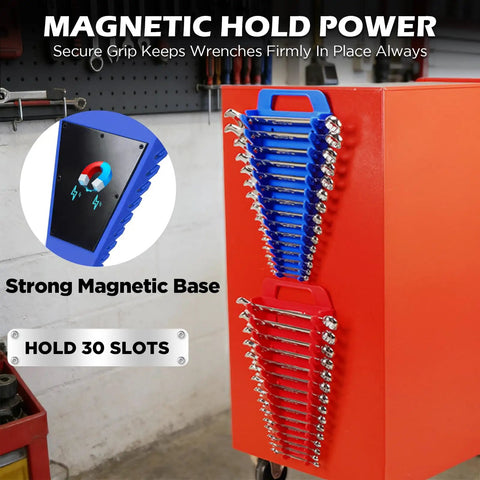 Magnetic Wrench Organizer With Non Slip Handle 24 Slot Pro Grade Heavy Duty Rack attached to red toolbox