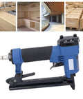 Real Deal Pneumatic Brad Nailer Built Like A Tank For Heavy Duty Woodworking And Furniture Assembly Featuring Unbreakable Aluminum Construction, side view with trigger and grip.