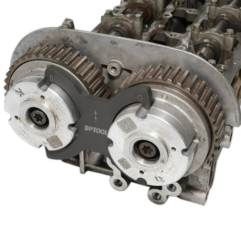 Close-up of camshaft locking tool in use with Pro Grade Engine Timing Kit for Ford Duratec EcoBoost Ti VCT 1.6 1.5 engines.