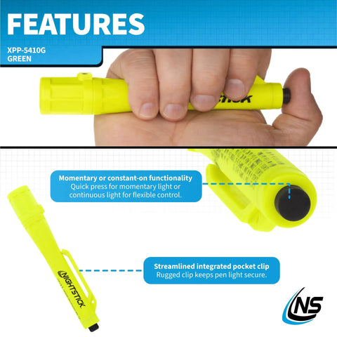 Intrinsically Safe Permissible Penlight Built Tough For Tactical And Outdoor Use, 30 Lumen Green Beam, 147mm Length, in hand view
