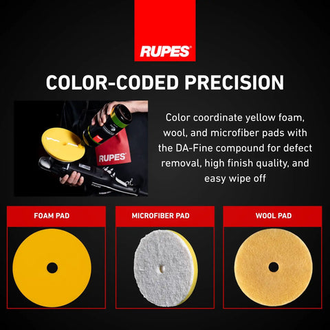 Color-coded precision pads with DA Fine High Performance Car Polishing Compound 1000 Ml Yellow for detailing purposes.