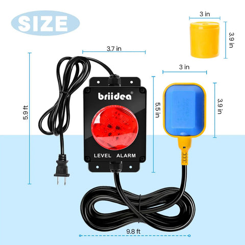 Indoor Outdoor Sump Pump Alarm With 110dB Audible Alert And LED Indicator, 10ft Float Switch For Septic Systems, Ponds, Water Tanks And Basements, High Water Level Protection To Keep Your Crib Dry, size diagram with cords