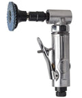 1/4-inch angle air die grinder side view with blue flap wheel; chrome metal body and lever trigger