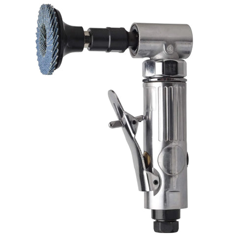 1/4-inch angle air die grinder side view with blue flap wheel; chrome metal body and lever trigger
