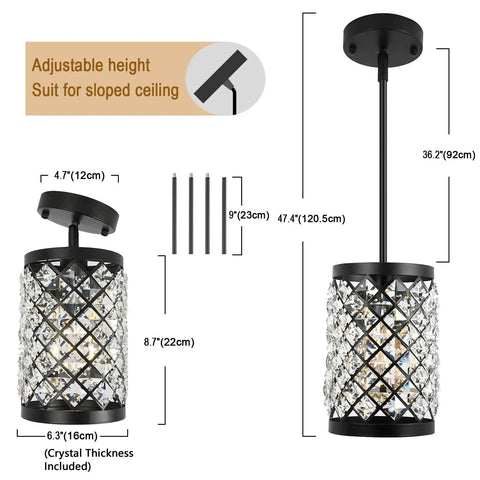 Modern Black Crystal Pendant Lights With 108 Prism Glasses Matte Black Industrial Style 1 Light Hanging Ceiling Lamp dimensions
