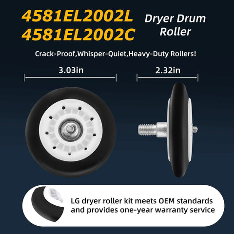 Beefed Up Replacement Dryer Roller Kit For Front Load Dryers Drum Roller 4581EL2002C shown in size and side view