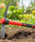 2 Pack 15 Inch Garden Pick Mattock With Red Fiberglass Handle, Beastly Tough Forged Carbon Steel Head in soil with garden flowers