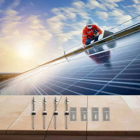 L Angle No Fuss Roof Mount Kit For Trapezoidal Metal Panels, stainless steel M10 screws and EPDM seal on solar panel