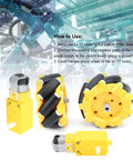 Mecanum wheel set for geared motor; yellow 80mm rubber-coated wheels with black rollers for DIY robot car (left/right).