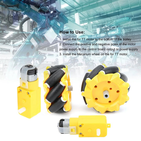 Mecanum wheel set with TT geared motors; yellow 80mm rubber-coated wheels and rollers; Amazon brand.