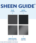 Front view of paint sheen guide with four swatches: flat gray, satin black, semi-gloss gray, gloss gray.
