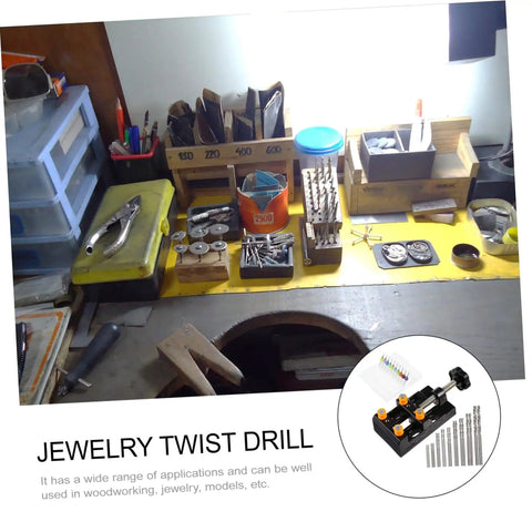 One Set Drill Bit Kit For Woodworking Jewelry Making And PCB Drilling Hand Drill Tools visible on a woodworking workbench