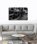 Speeding Steam Locomotive Wheels Black And White Transport Canvas Poster in living room, 24x36 durable wall art
