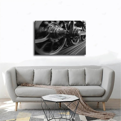 Speeding Steam Locomotive Wheels Black And White Transport Canvas Poster in living room, 24x36 durable wall art