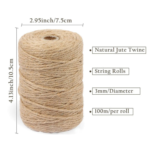 Roll of 3mm diameter natural jute twine, 100m per roll, for crafts, garden hacks, gift packaging, and DIY home projects.