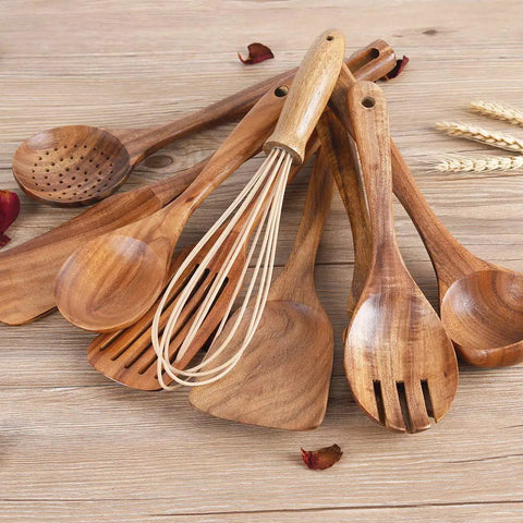 Must Have Go To Kitchen Utensil Set With Holder Natural Teak Wood Tools For Cooking Wooden Spatula Ladle Spoons Slotted Spoon