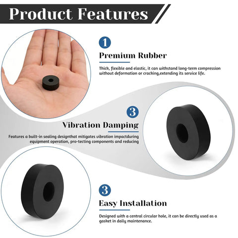 Rock Solid Black Rubber Spacers For Home Improvement, 32 Pack, rubber pad in hand demonstrating flexibility and vibration damping.