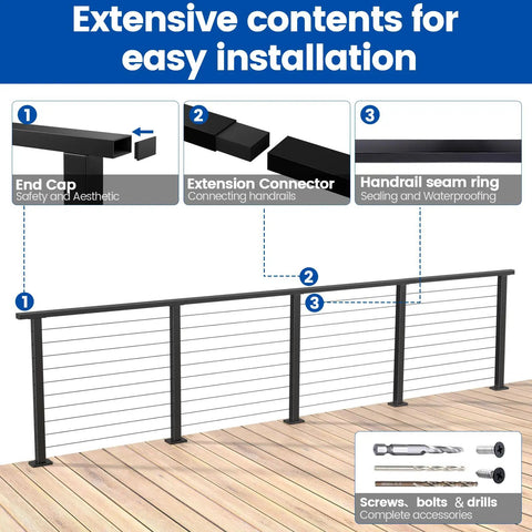 Installation components of Black Stainless Steel Cable Railing Handrail Built Tough 6 Ft 6 In Rectangular Top Rail